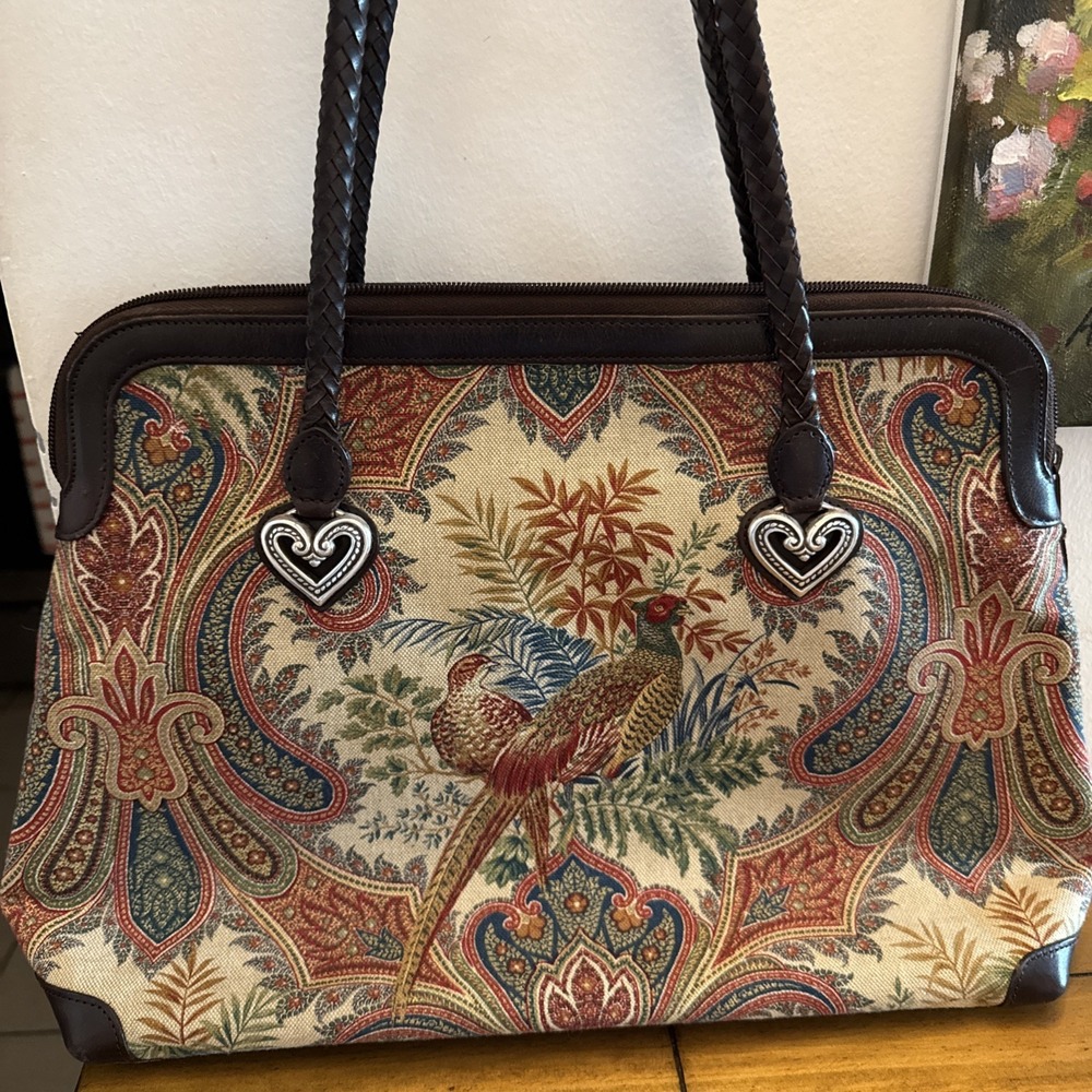 Vintage Brighton Shoulder Bag Braided Leather Straps Canvas Pheasants Paisley